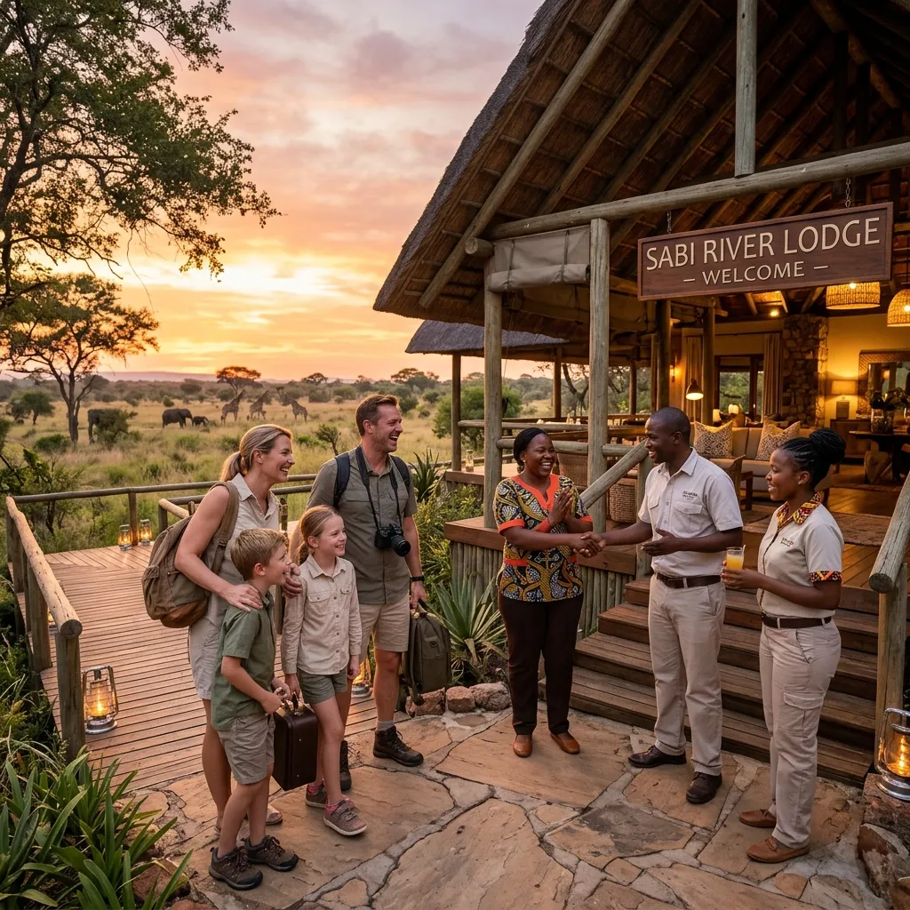 Family of tourists greeted at safari lodge